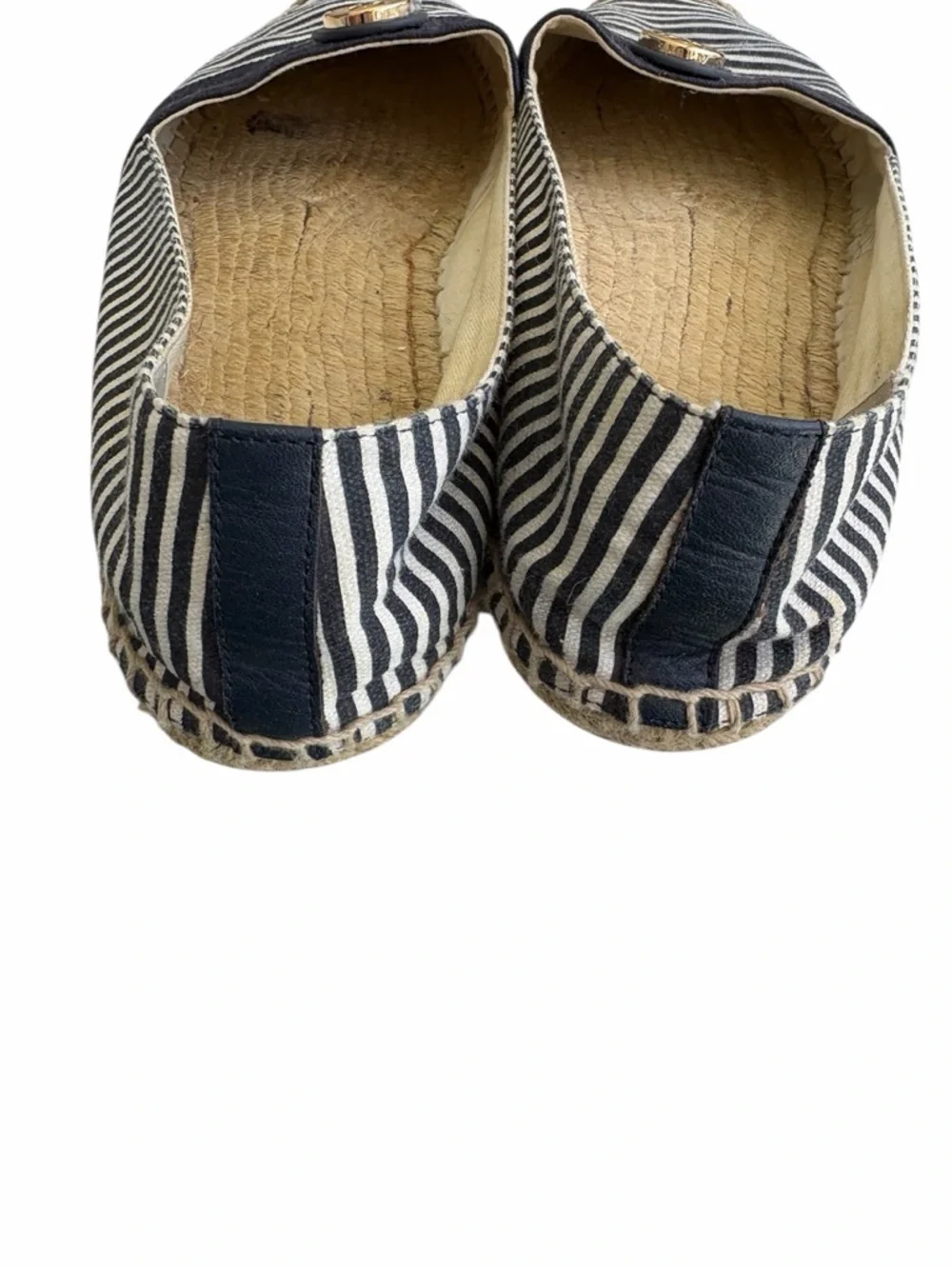 Tory Burch navy / white stripe espadrilles with gold logo